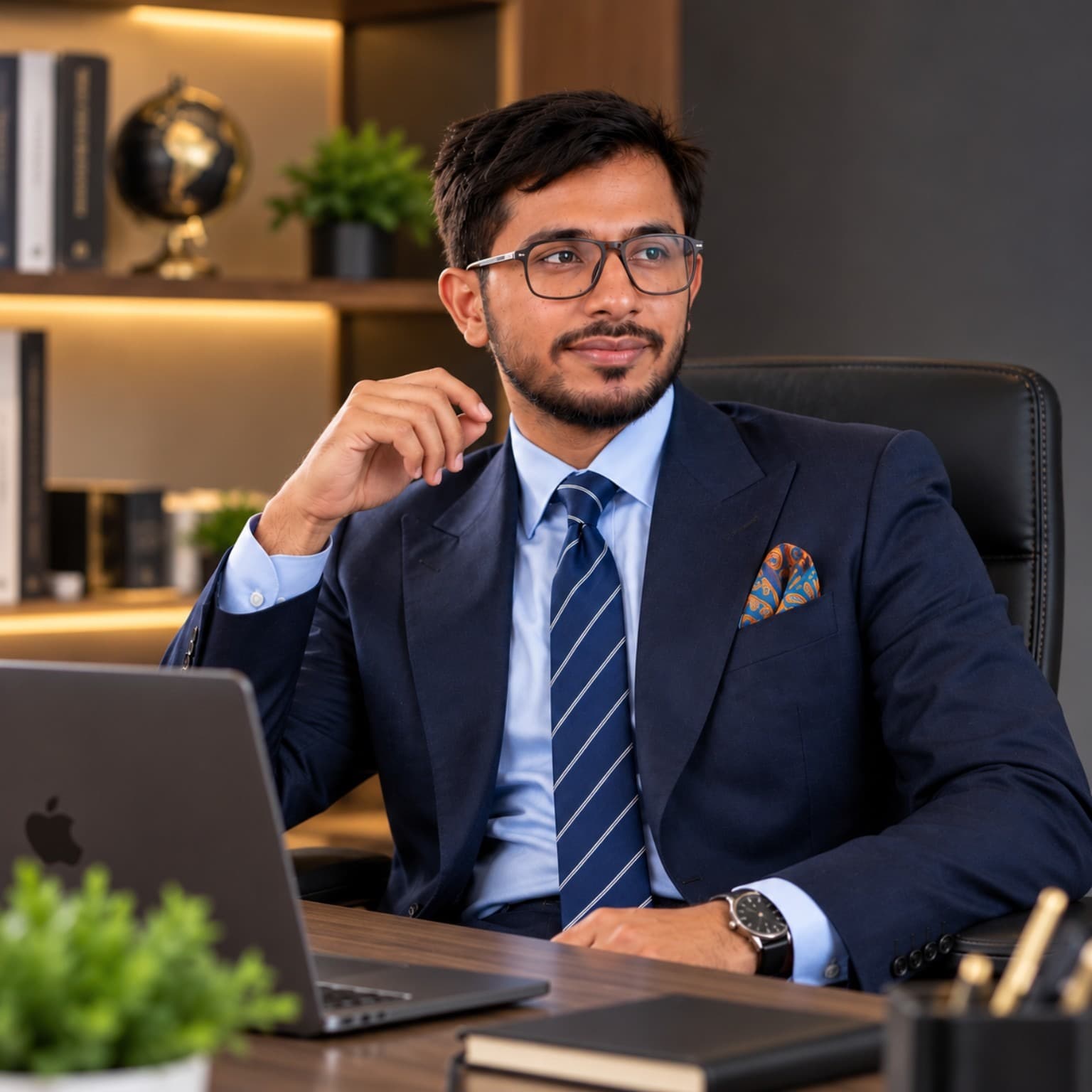 Muhsin Ullal seated in a professional office, wearing a navy suit and glasses